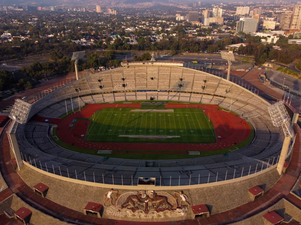 Aerial view of an empty athletics stadium and field