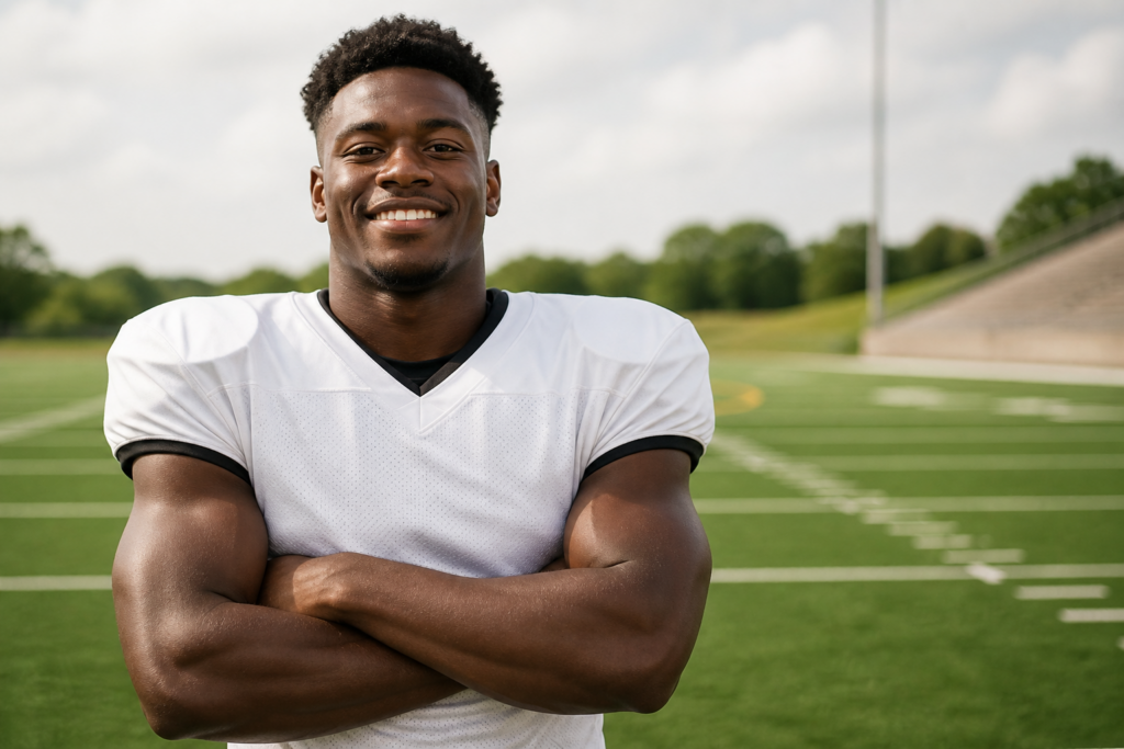 Smiling Black college football player with folded arms on a football field